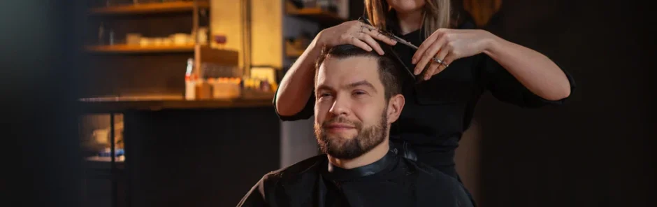 Female barber cutting man’s hair