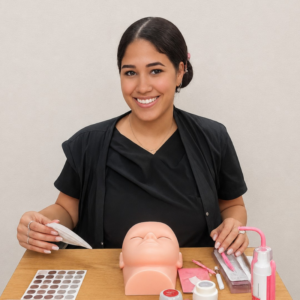Beauty school student applying precision eyelash extensions to a client in a clinical training setting.
