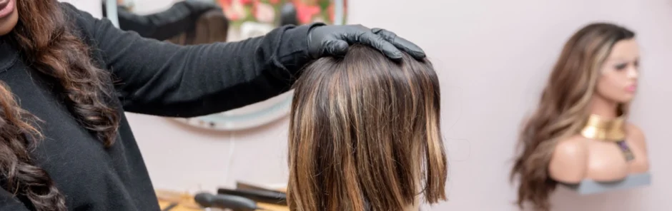 Cosmetology student practicing hair cutting on a mannequin